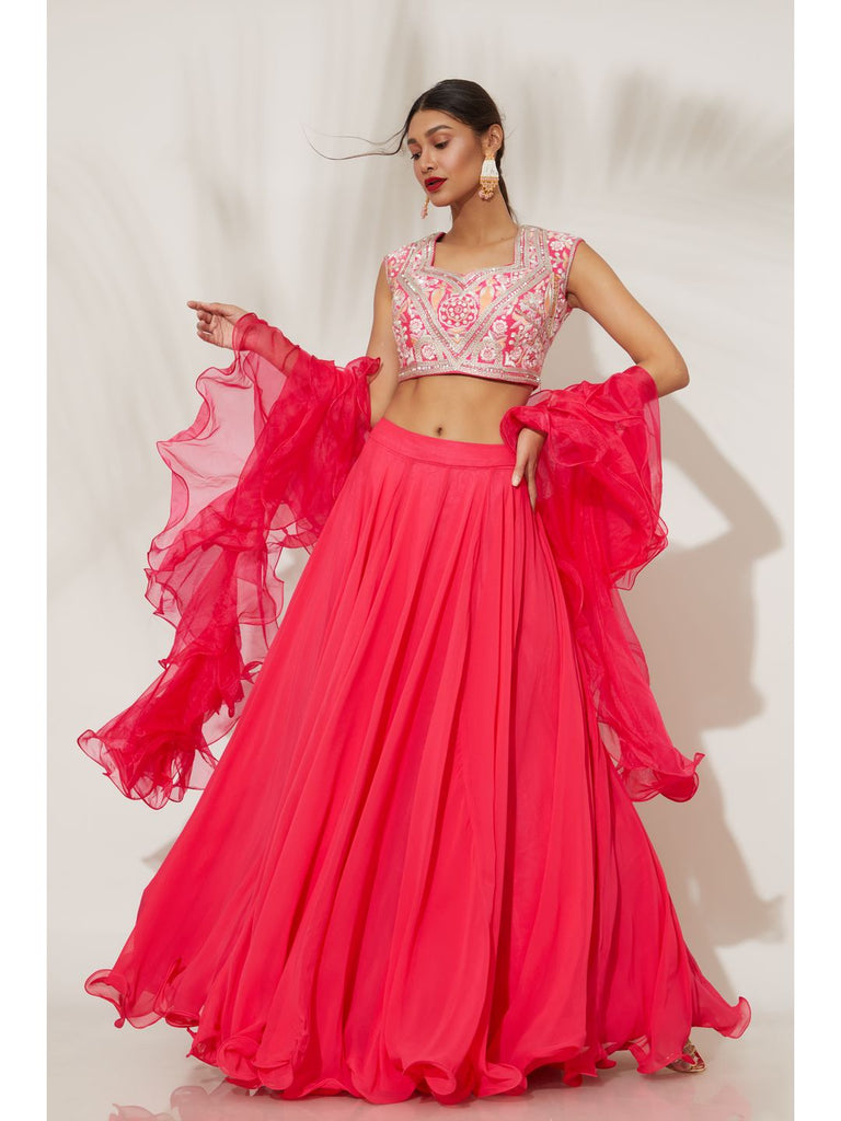 Red Cold Shoulder Lehenga by Saisha By Charu Arora for rent online | FLYROBE