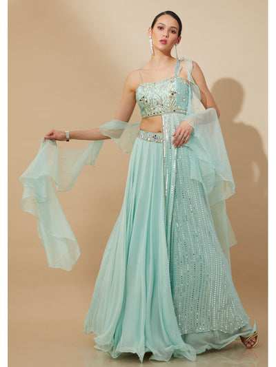 Ice Blue Chiffon Lehenga with Mirrorwork and Embroidered choli