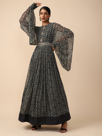 Navy-Blue Printed chiffon Gown