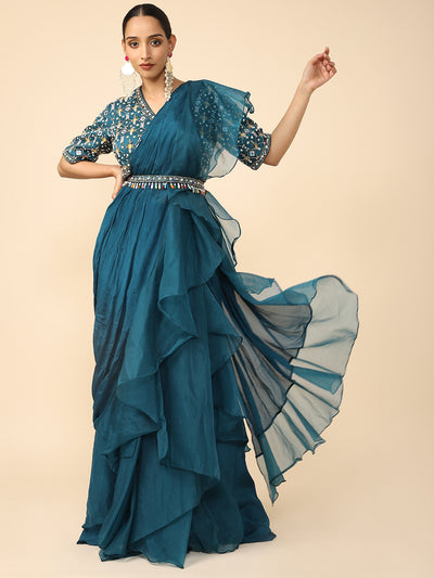 Teal Blue Organza Drape Saree with Embroidered blouse