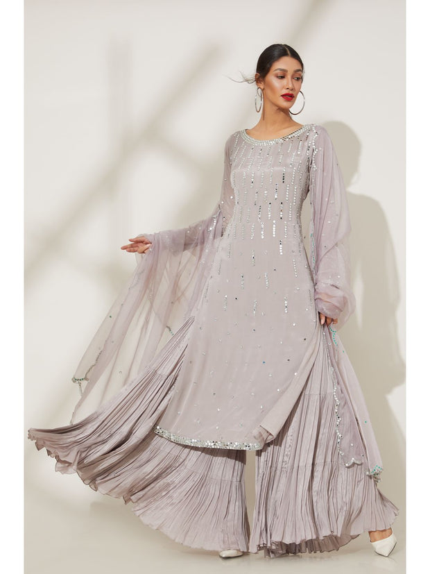 Grey Mirror work Satin Sharara suit