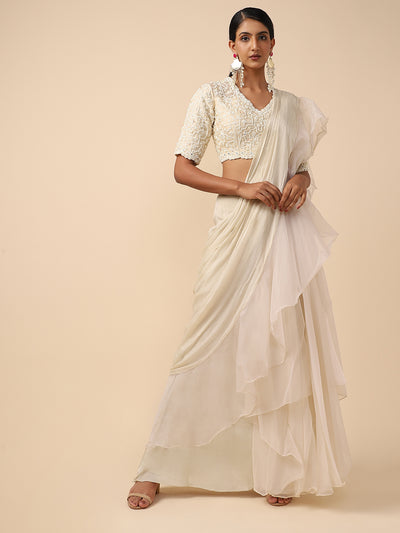 Beige Organza Drape Saree with Embroidered blouse