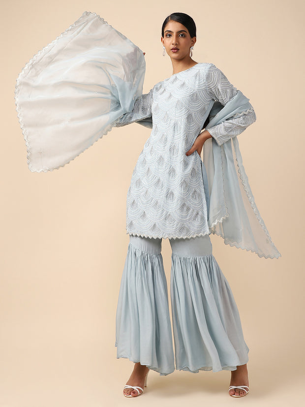 Blue Sequins-embellished Chiffon Sharara Suit set