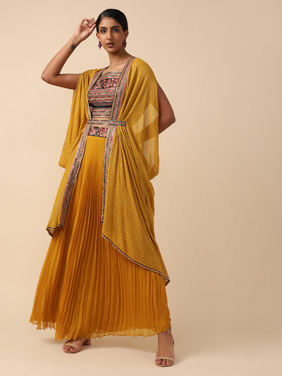 Mustard Chiffon Ghagra and embroidered choli and embellished jacket