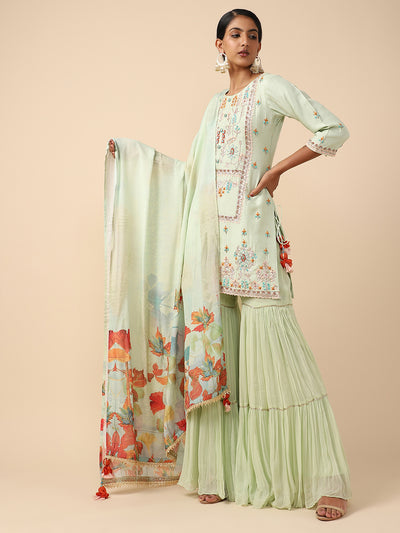 Green Raw-silk hand-embroidered Sharara Suit set
