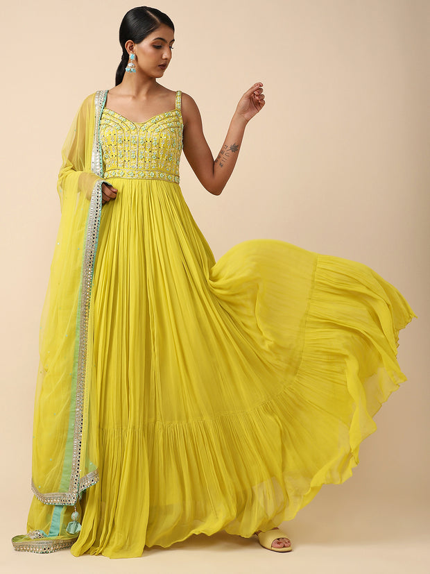 Neon-yellow Chiffon embroidered dress