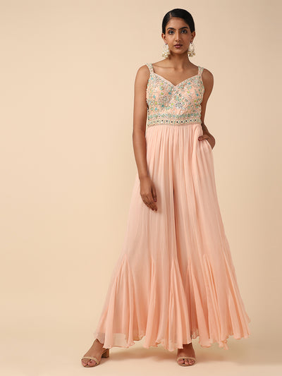 Peach Georgette Embellished Jumpsuit