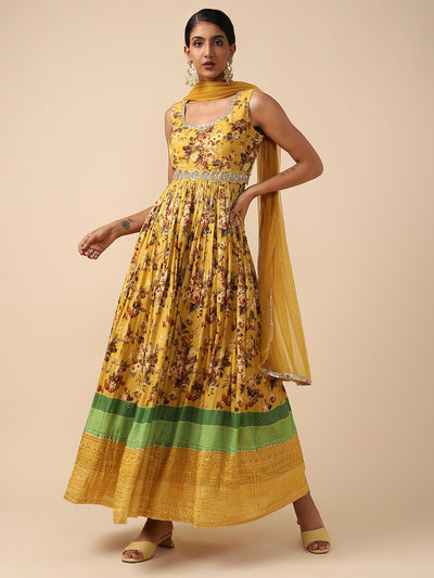 Yellow Printed chiffon Gown