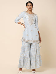 Grey Silk & Georgette Embroidered Sharara