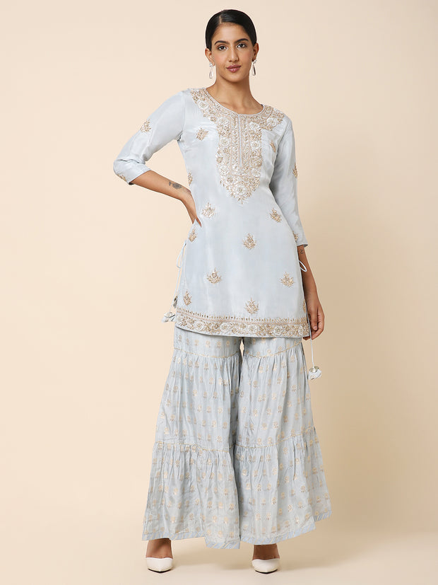 Grey Silk & Georgette Embroidered Sharara