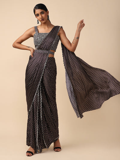 Black Satin Embroidered Drape Saree
