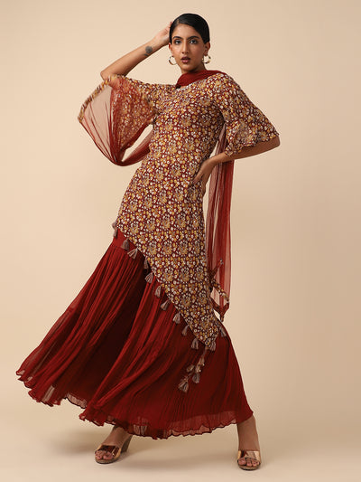 Asymmetric Brown Printed Chiffon Sharara Suit set