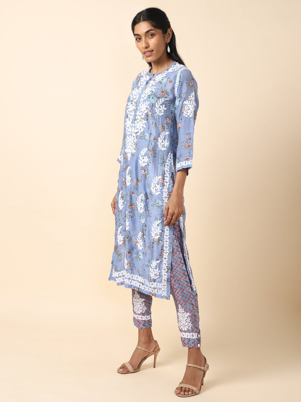 Hand Embroidered Chikankari Blue Cotton Kurti Salwar Set - 20536