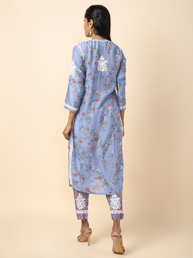 Hand Embroidered Chikankari Blue Cotton Kurti Salwar Set - 20536