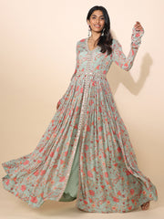 Light Green Slit Gown in Printed Georgette - 21499