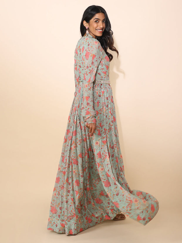 Green Printed Georgette Gown