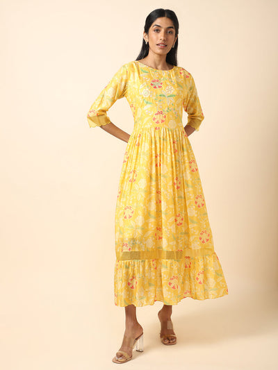 Yellow Printed Crepe Gown with Embroidery - 21650