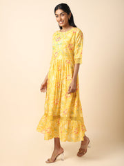 Yellow Printed Crepe Gown with Embroidery - 21650