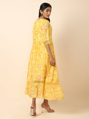 Yellow Printed Crepe Gown with Embroidery - 21650