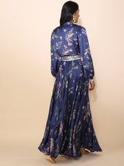 Blue Satin Indo Western Shirt and Skirt Set - 22093