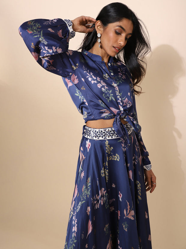 Blue Satin Indo Western Shirt and Skirt Set - 22093