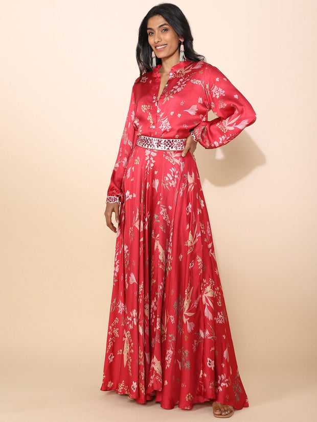 Indo-western Red Satin Shirt and Skirt Set - 22094