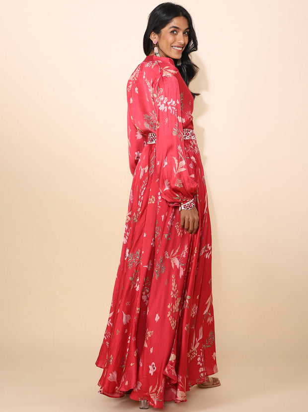 Indo-western Red Satin Shirt and Skirt Set - 22094