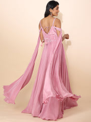 Pink Crepe Gown with Waterfall Sleeves - 22221