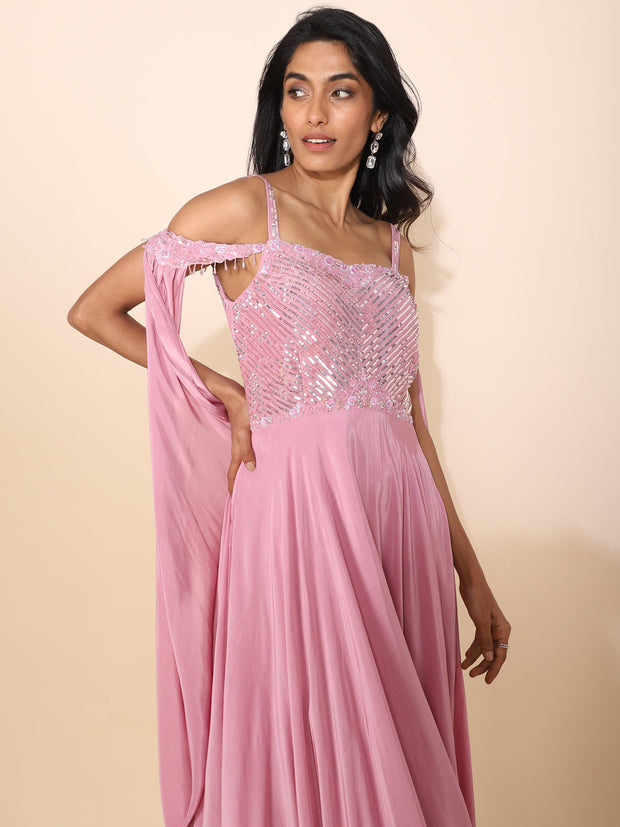 Pink Crepe Gown with Waterfall Sleeves - 22221
