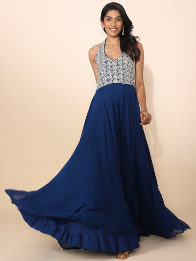 Royal Blue Crepe Gown with Embellished Bodice - 22222