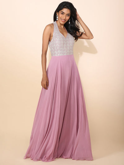 Pink Crepe Gown with Embroidered Bodice - 22223
