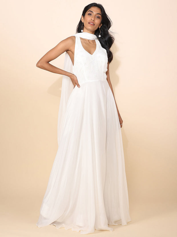 White Crepe Gown with Waterfall Sleeves - 22224