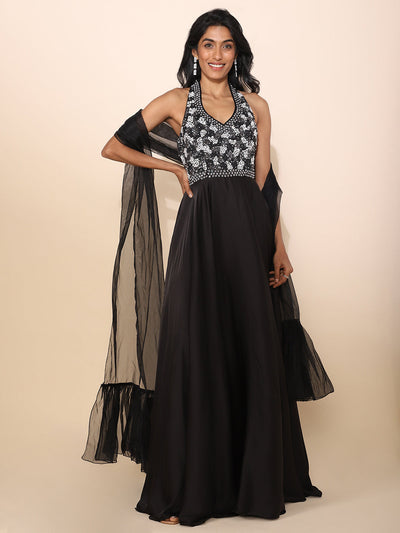 Black Crepe Gown with White Moti Work - 22226