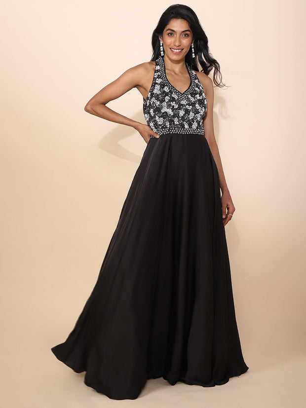 Black Crepe Gown with White Moti Work - 22226