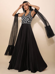 Black Crepe Gown with White Moti Work - 22226
