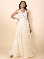 Fit-and-flare White Gown with Mirrorwork - 22232