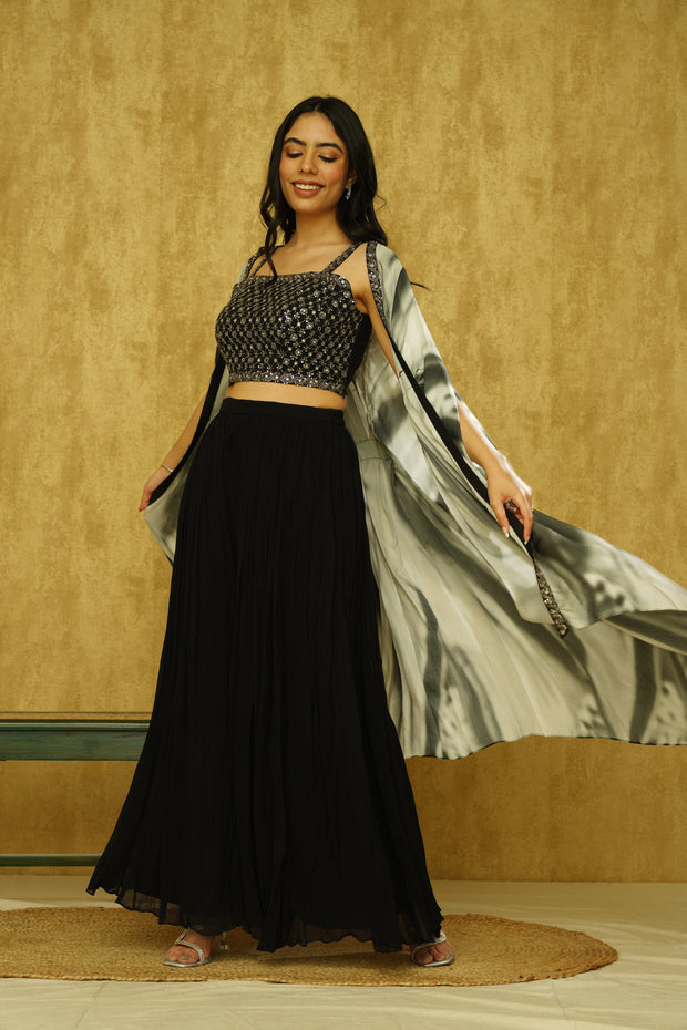 Black Crop Top, Palazzo And Printed Cape - 22479