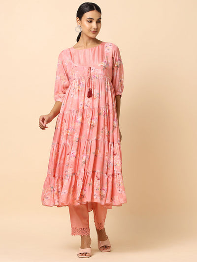 Long-tier Mul Cotton-Silk Fusion Dress with Pants - 23098