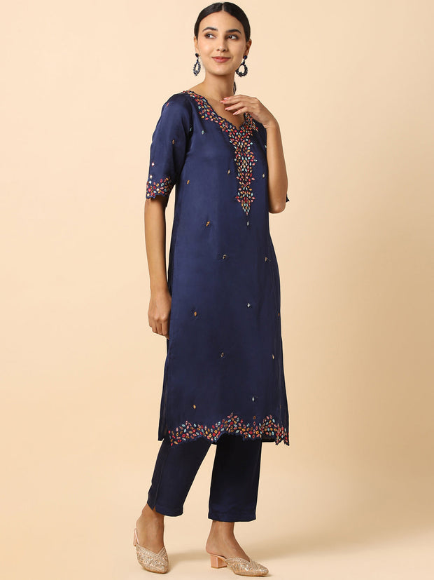 Blue Linen Satin Colourful Jewel Encrusted Salwar Set - 23625