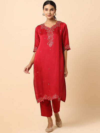 Red Linen Satin Glasswork Salwar Set - 23626