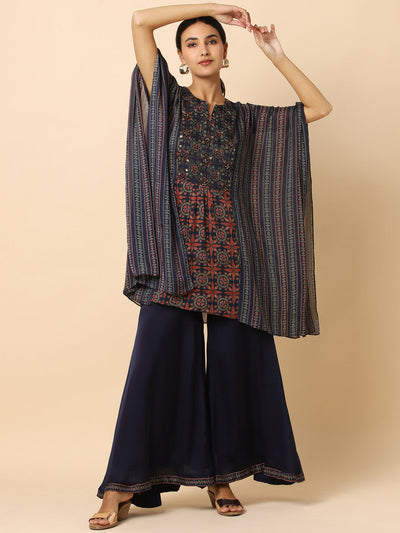 Navy Blue Kaftan Top and Wide-Legged Palazzo Fusion Set - 24083