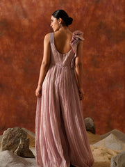 Old Rose Pink Pleated Organza Jumpsuit - 25583