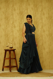 Black Pleated Fabric Drape Saree - 25648