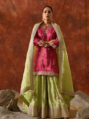 Mint Green and Hot Pink Embroidered Sharara Set - 25870