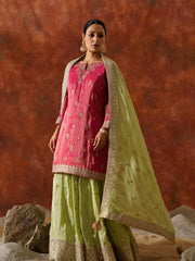 Mint Green and Hot Pink Embroidered Sharara Set - 25870