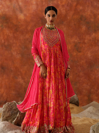 Pink and Yellow Floral Pleated Gown - 26108
