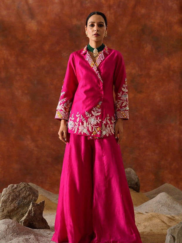 Fuschia Pink Embroidered Blazer Set - 27003