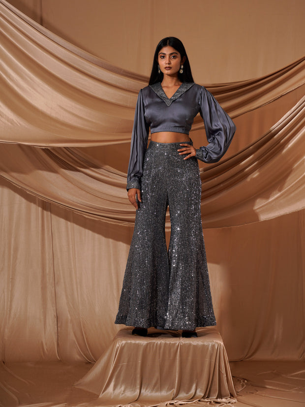 Pale blue georgette readymade suit with full-stone embroidered top, sharara  pants & plain dupatta