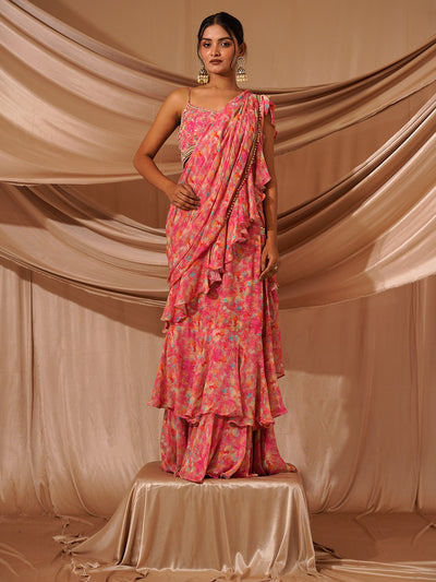 Floral Print Ruffled Drape Saree - 27534