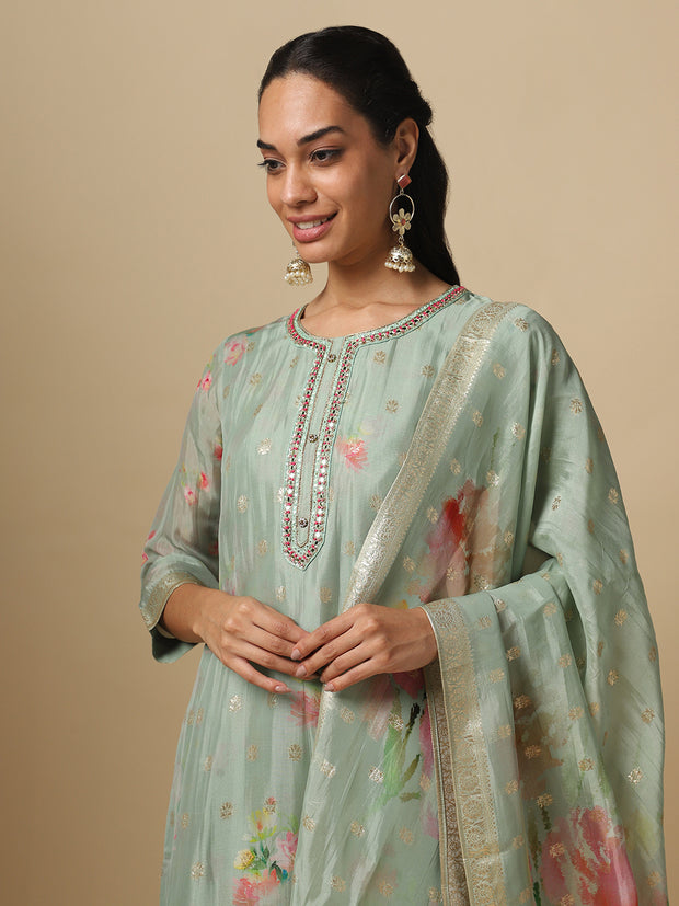 Round-neck Kurta, Pants, and Dupatta Set - 28717